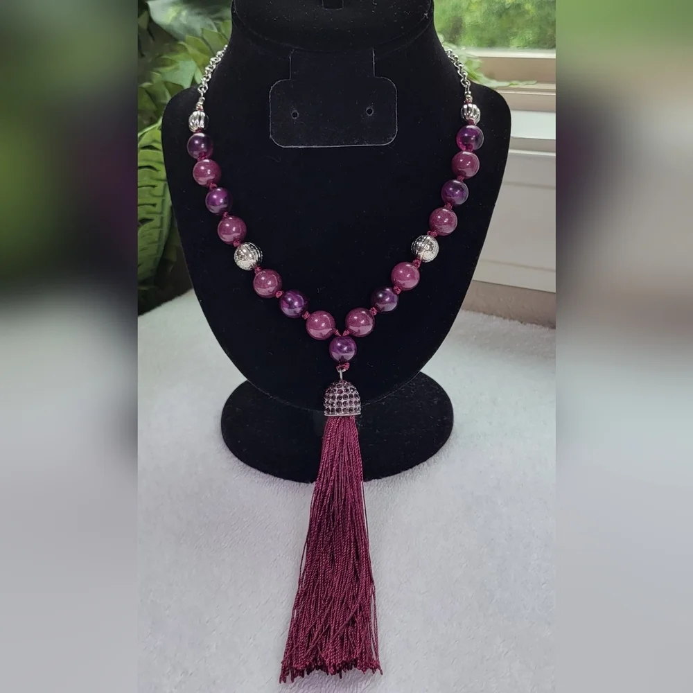 CATO Purple and Silver Beaded Tassel Drop Necklace